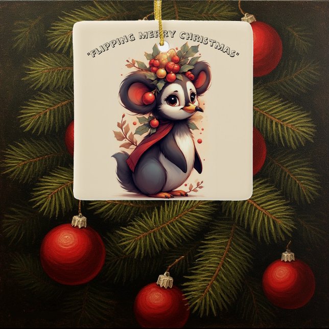 Ornamento De Cerâmica Flipping Flapping Merry Christmas Penguin Quirky  (Flipping Flapping Merry Christmas Penguin Quirky Ceramic Ornament)