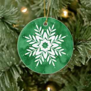 Ornamento De Cerâmica Floco de Neve Abstrato em Aquarela Verde