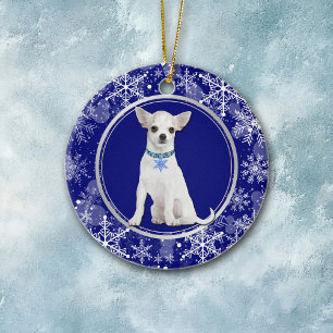 Ornamento De Cerâmica Floco de neve branco azul Chihuahua branco