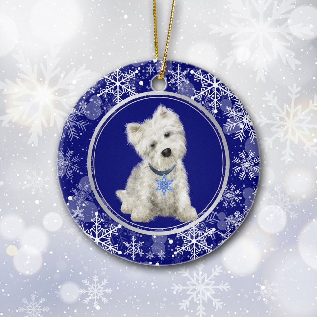 Ornamento De Cerâmica Floco de neve branco azul Westie Natal (Criador carregado)