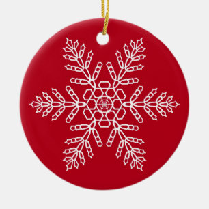 Ornamento De Cerâmica Floco de neve branco no fundo vermelho