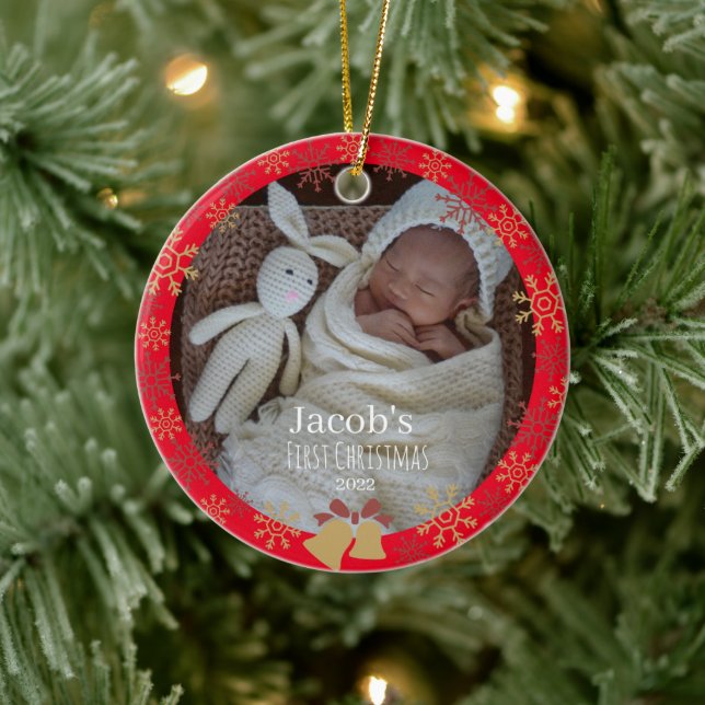 Ornamento De Cerâmica Floco de neve da foto de Natal Red Baby (Árvore)