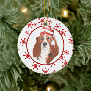 Ornamento De Cerâmica Floco de neve de Hound Santa Hat Basset Watercolor