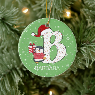 Ornamento De Cerâmica Floco de Neve do Alphabet B Santa Hat Penguin