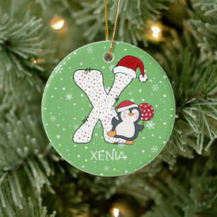 Ornamento De Cerâmica Floco de Neve do Alphabet X Santa Hat Penguin