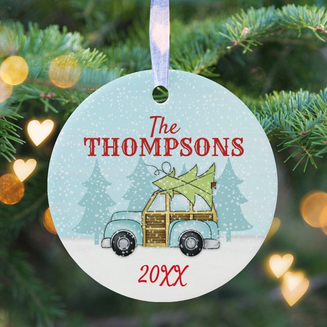 Ornamento De Cerâmica Floco de neve do Natal do inverno Personalizado (Winter blue car with Christmas tree with falling snow simple circle ceramic ornament. )