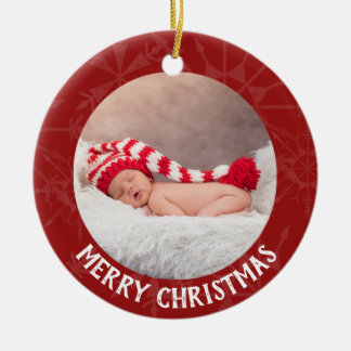 Ornamento De Cerâmica Floco de neve do vermelho do ano da foto do Natal