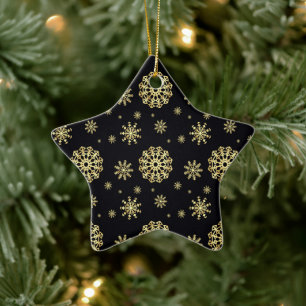 Ornamento De Cerâmica Floco de Neve Dourado em Fundo Preto