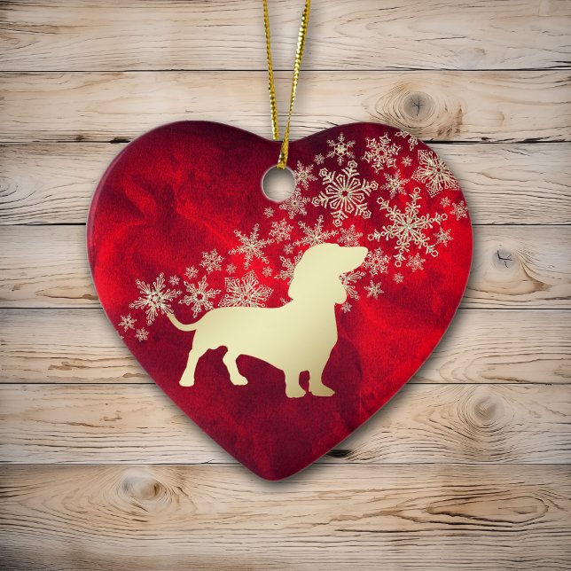 Ornamento De Cerâmica Floco de neve Dourado vermelho Dachshund (Criador carregado)