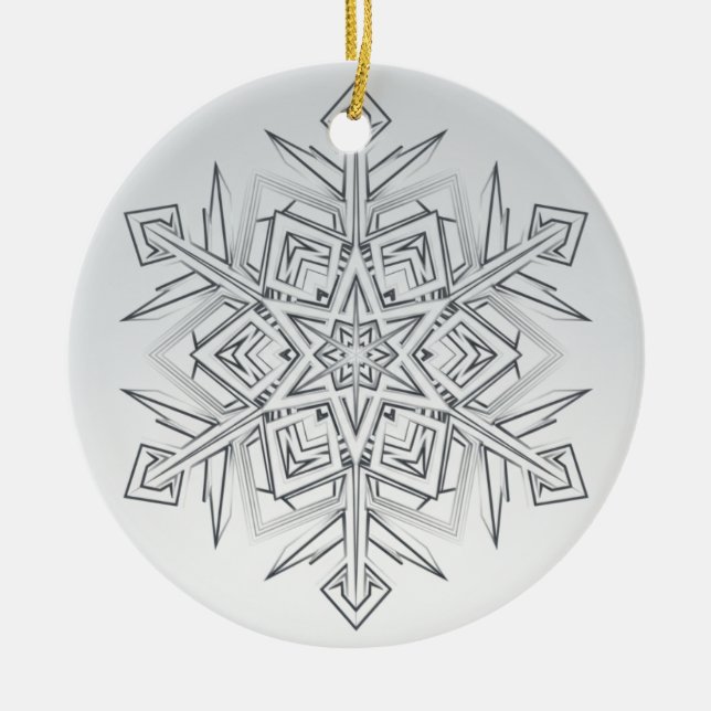 Ornamento De Cerâmica Floco de Neve Geométrico Moderno Cinza e Branco (Frente)