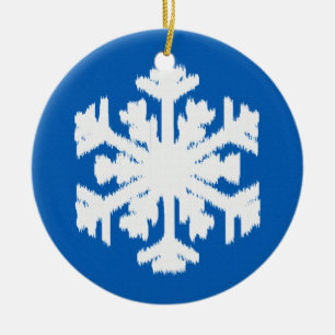 Ornamento De Cerâmica Floco de neve Ikat - Azul de cobalto e branco