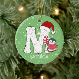 Ornamento De Cerâmica Floco de Neve Natal Alphabet M Santa Hat Penguin