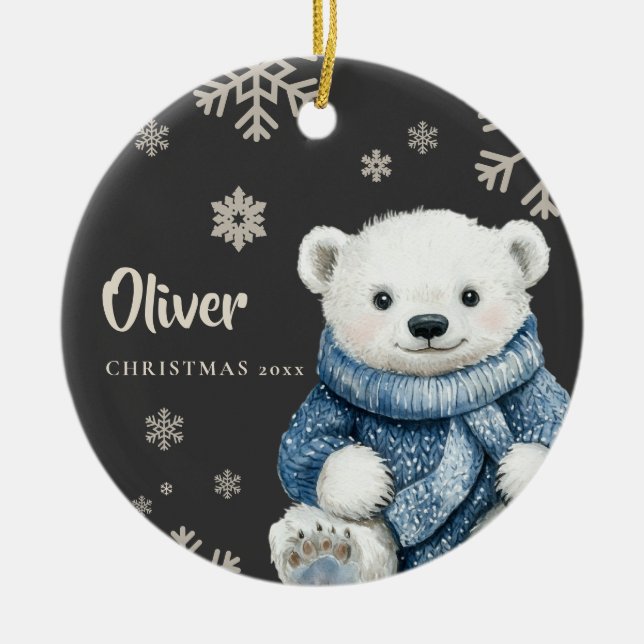 Ornamento De Cerâmica Floco de Neve Personalizado do Urso Branco (Frente)