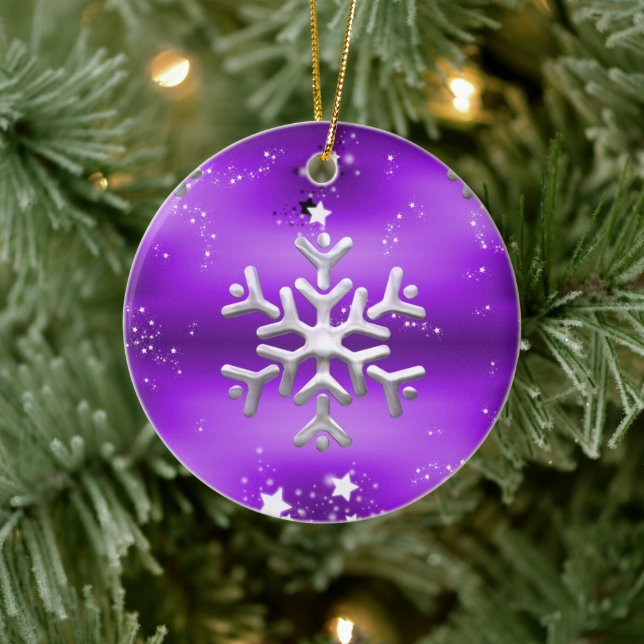 Ornamento De Cerâmica Floco de neve prateado e estrelas Natal roxo (Árvore)