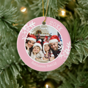Ornamento De Cerâmica Floco de neve rosa fotográfico personalizado