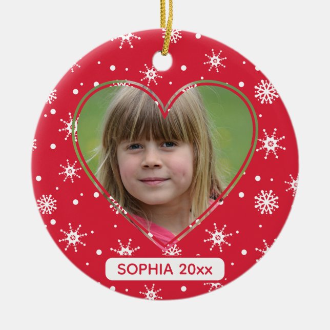 Ornamento De Cerâmica Floco de Neve Vermelho Bonito, Foto da Criança de  (Frente)