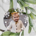 Ornamento De Cerâmica Flocos de Neve Brancos Primeira Foto de Natal do B<br><div class="desc">O primeiro ornamento de Natal do bebê de dois lados com a foto do seu bebê debaixo de uma cobertura de floco de neve. Adicione o nome do bebê e o ano.</div>
