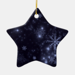Ornamento De Cerâmica Flocos de neve com fundo azul da meia-noite