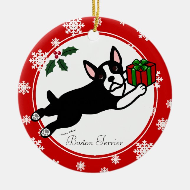 Ornamento De Cerâmica Flocos de neve de 2 desenhos animados de Boston Te (Frente)