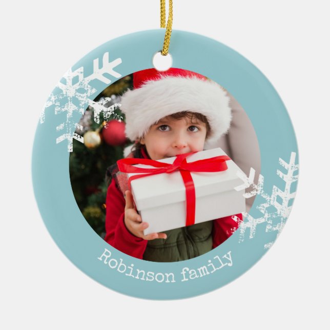 Ornamento De Cerâmica Flocos de Neve do Círculo Russo Azul Aqua (Frente)