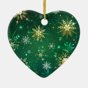 Ornamento De Cerâmica Flocos de neve do Ouro Xmas em fundo verde