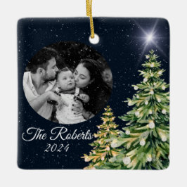 Ornamento De Cerâmica Flocos de neve e árvores Marinho Elegante de inver