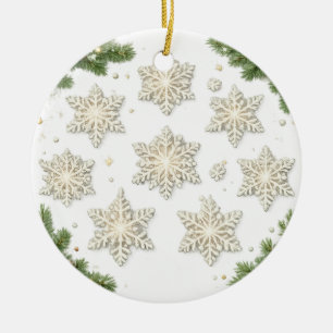 Ornamento De Cerâmica Flocos de Neve e Galhos de Pinheiro Elegantes