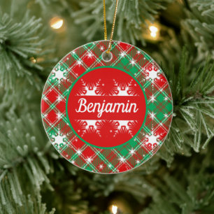 Ornamento De Cerâmica Flocos De Neve E Xadrez Verde Vermelho E Natal Bra
