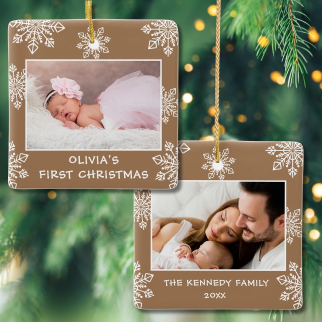 Ornamento De Cerâmica Flocos de neve elegantes 2 Photo Bebê Primeiro Nat (Criador carregado)