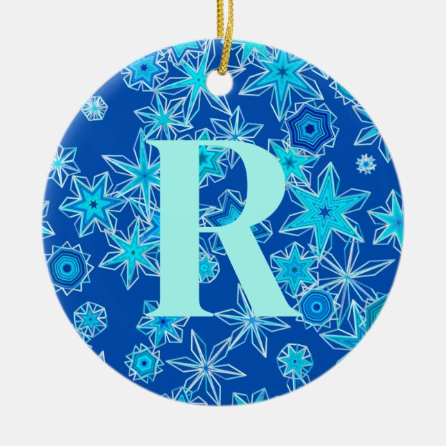 Ornamento De Cerâmica Flocos de neve geométricos, Azul-apphire Personali (Frente)