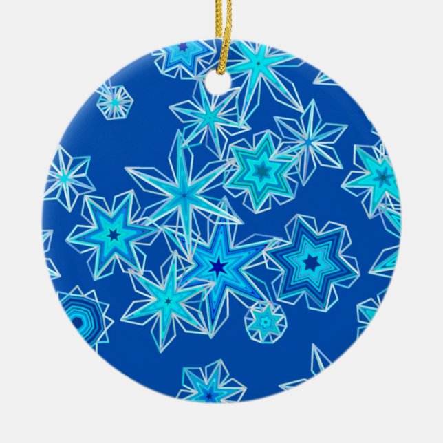 Ornamento De Cerâmica Flocos de Neve Geométricos Modernos, Azul Safira (Frente)