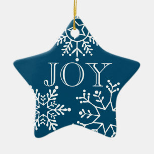 Ornamento De Cerâmica Flocos de neve JOY, Name & Date Square
