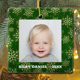 Ornamento De Cerâmica Flocos de neve na foto verde