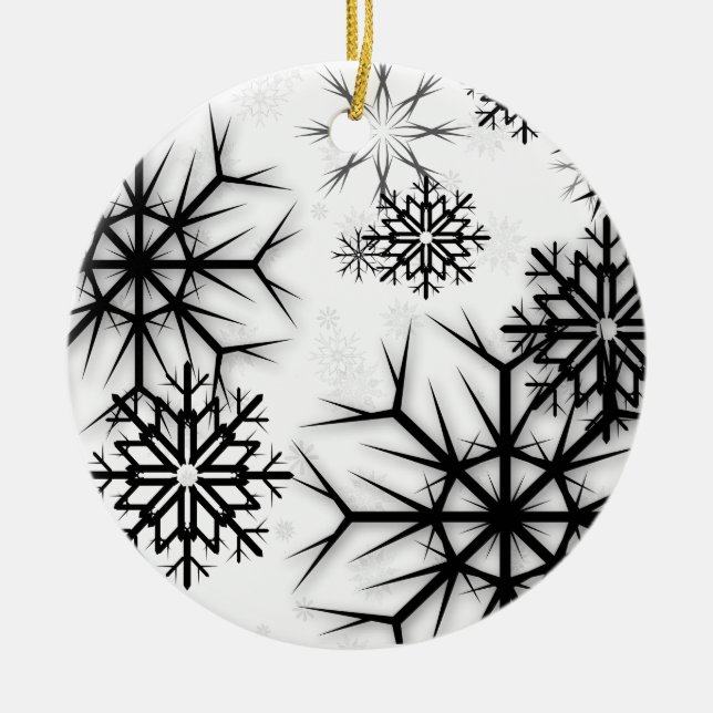 Ornamento De Cerâmica Flocos de neve PixDezines Branco + Preto (Frente)