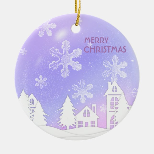 Ornamento De Cerâmica Flocos de neve translúcidos de cristal branco roxo (Frente)