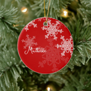 Ornamento De Cerâmica Flocos de neve vermelhos e brancos Nome de Natal m