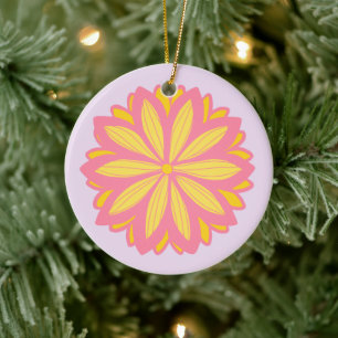 Ornamento De Cerâmica Flor Botânica Rosa E Amarelo