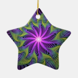 Ornamento De Cerâmica Flor de Arte Fractal Abstrata Moderna Roxa Verde