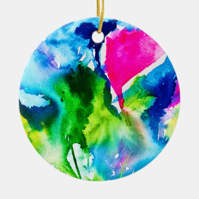 Ornamento De Cerâmica Flor de ciclame rosa abstracta em aquarela (Frente)