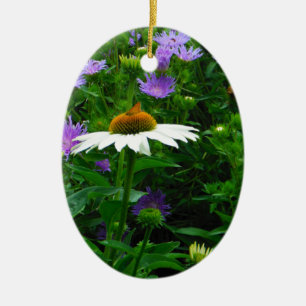 Ornamento De Cerâmica Flor de Cone branca, flores roxas e mariposas