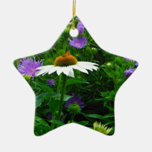 Ornamento De Cerâmica Flor de Cone branca, flores roxas e mariposas