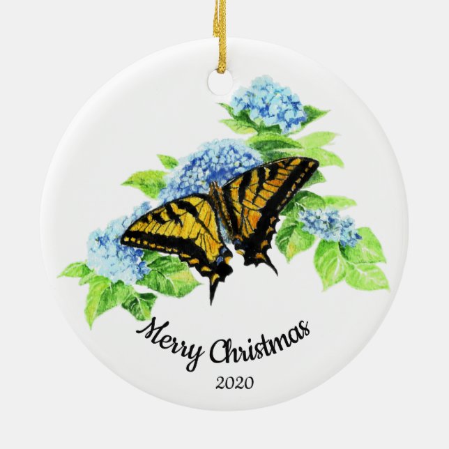Ornamento De Cerâmica Flor de Hydrengea da Borboleta de Natal Personaliz (Traseira)