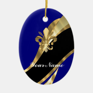 Ornamento De Cerâmica Flor de lis azul escuro & do ouro