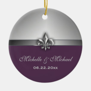 Ornamento De Cerâmica Flor de lis roxa de prata personalizada