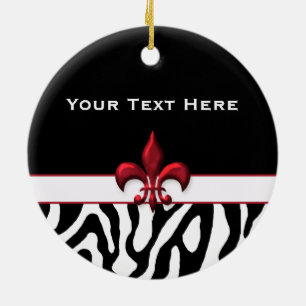Ornamento De Cerâmica Flor de lis vermelha preta personalizada da zebra