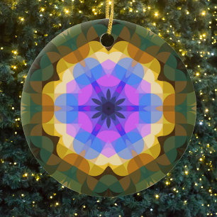 Ornamento De Cerâmica Flor de Mandala, Cor-de-rosa, azul e amarelo