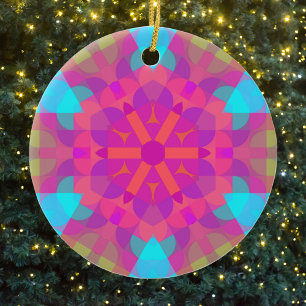 Ornamento De Cerâmica Flor de Mandala, cor-de-rosa, azul e púrpura