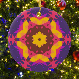 Ornamento De Cerâmica Flor de Mandala, cor-de-rosa, púrpura e amarelo