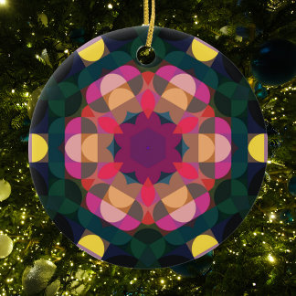 Ornamento De Cerâmica Flor de Mandala, cor-de-rosa, púrpura e amarelo