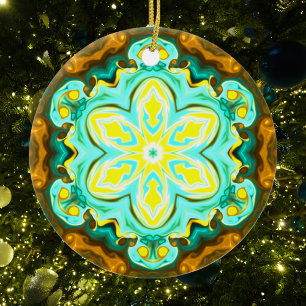 Ornamento De Cerâmica Flor de Mandala Psicodélico Teal e Amarelo